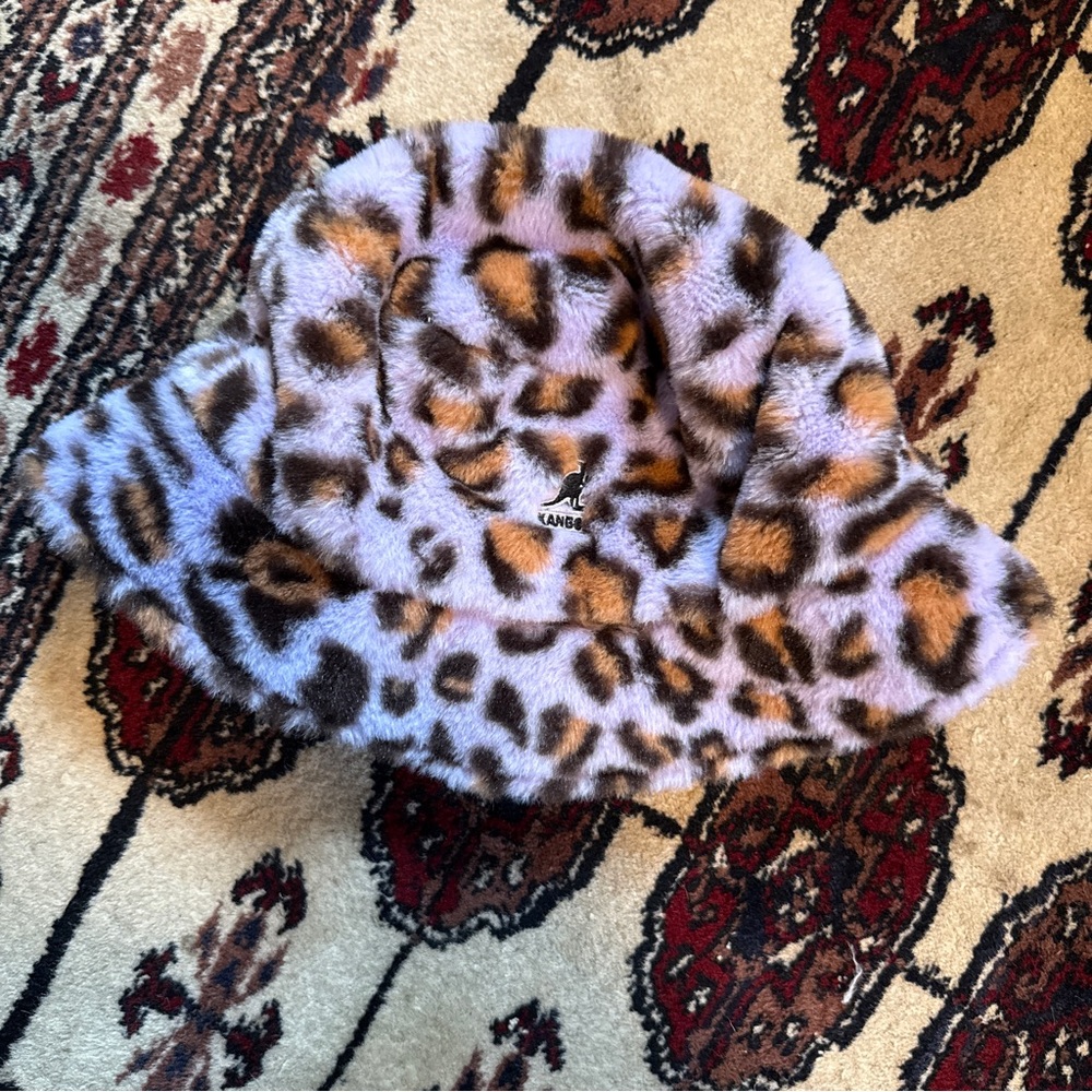 Kangol Lavender Faux Fur Leopard Print Bucket Hat